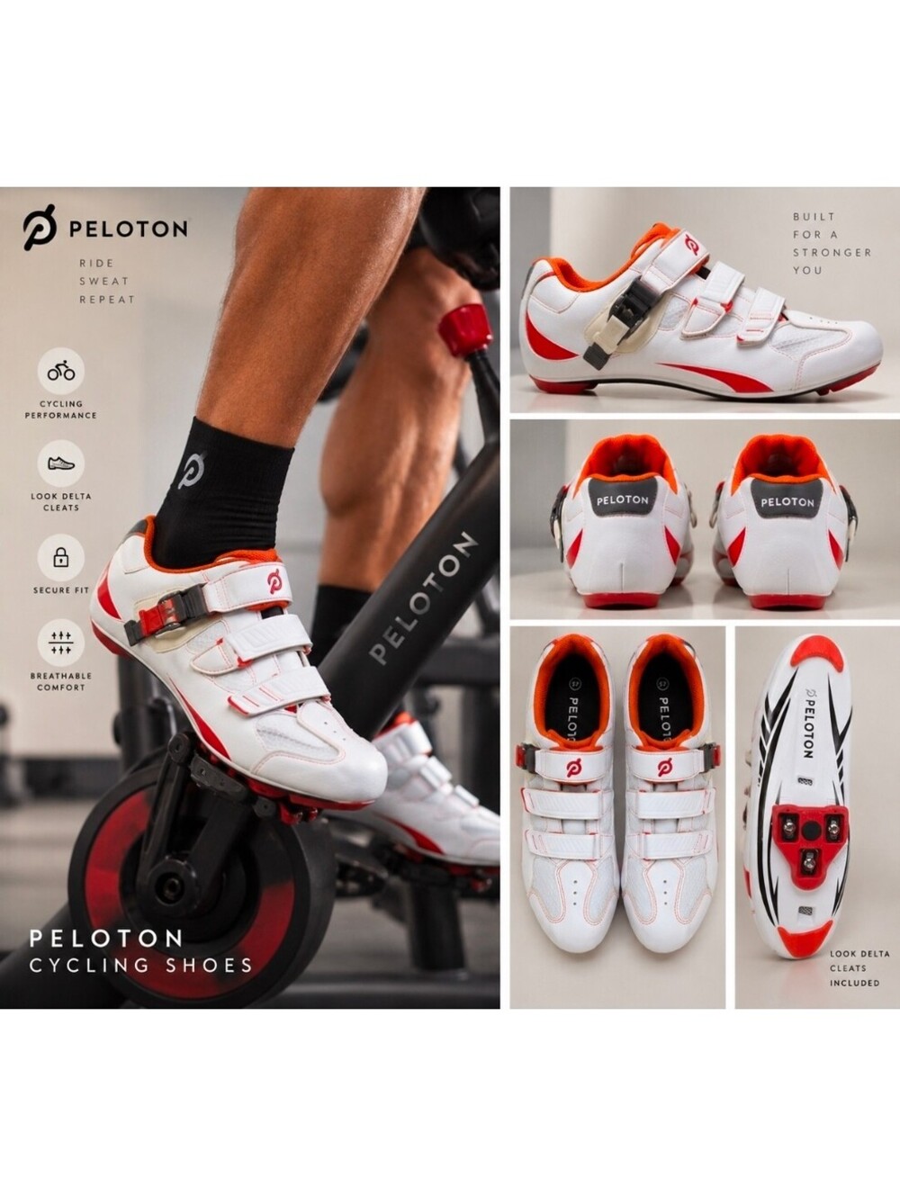 Peloton Cycling Shoes EU 47 White Orange Look Delta Cleats 3 Strap Spin Bike